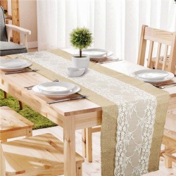 🌿 Exquisite Wholesale Ivory Burlap Table Runner with Delicate White Lace Border: Elevate Your Special Occasions with Rustic Elegance 🌸